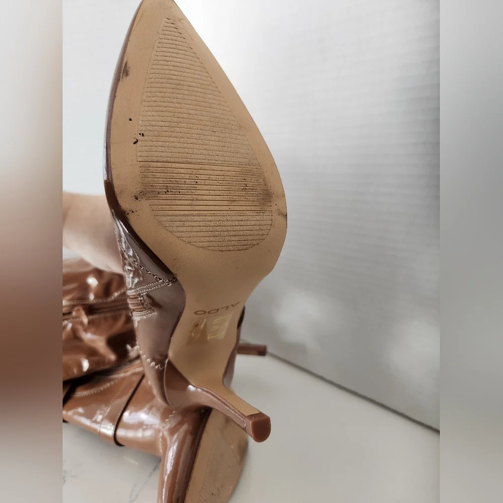 Aldo Women's Thigh High Patent Leather Stilleto Heels Boots Tan Size 5